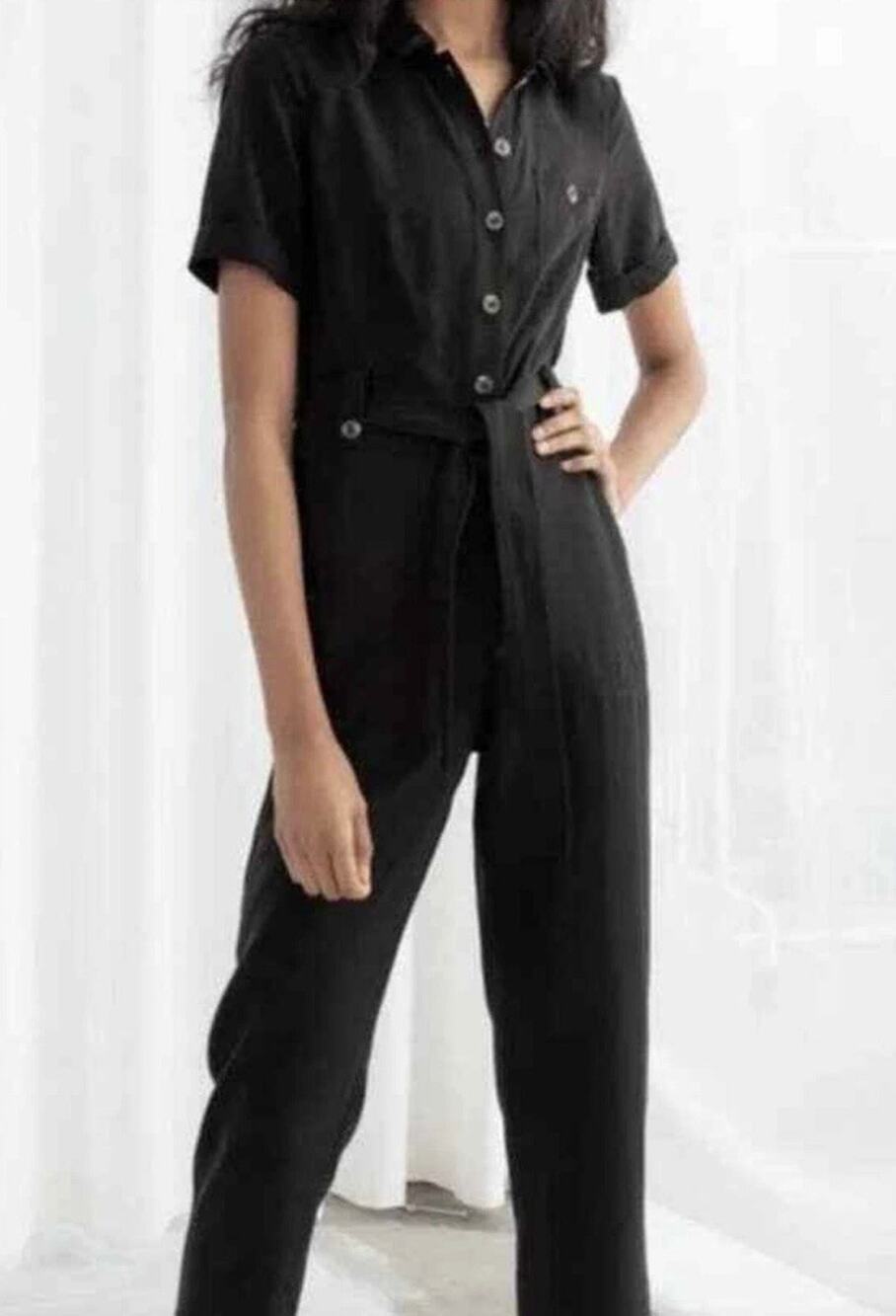 & Other Stories Black Belted Short Sleeve Lyocell Button Up Jumpsuit Size 2